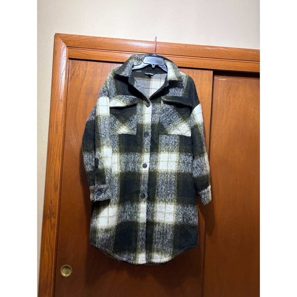 Steve Madden Plaid Shacket Green Black Wool Blend Longline Shirt Jacket Medium